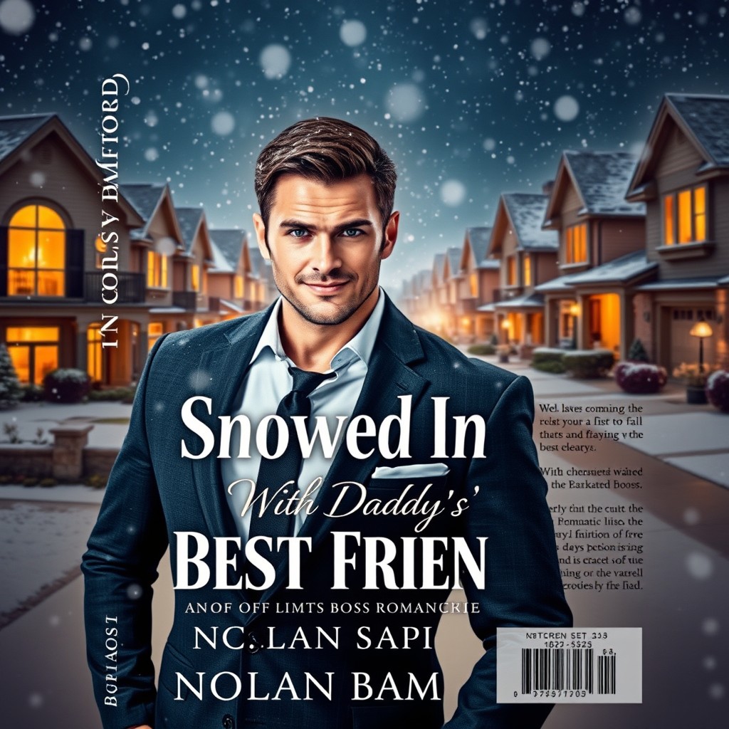 A steamy romantic book cover featuring a sharp-looking man in a tailored suit, set in a high-income suburban neighborhood during a snowstorm