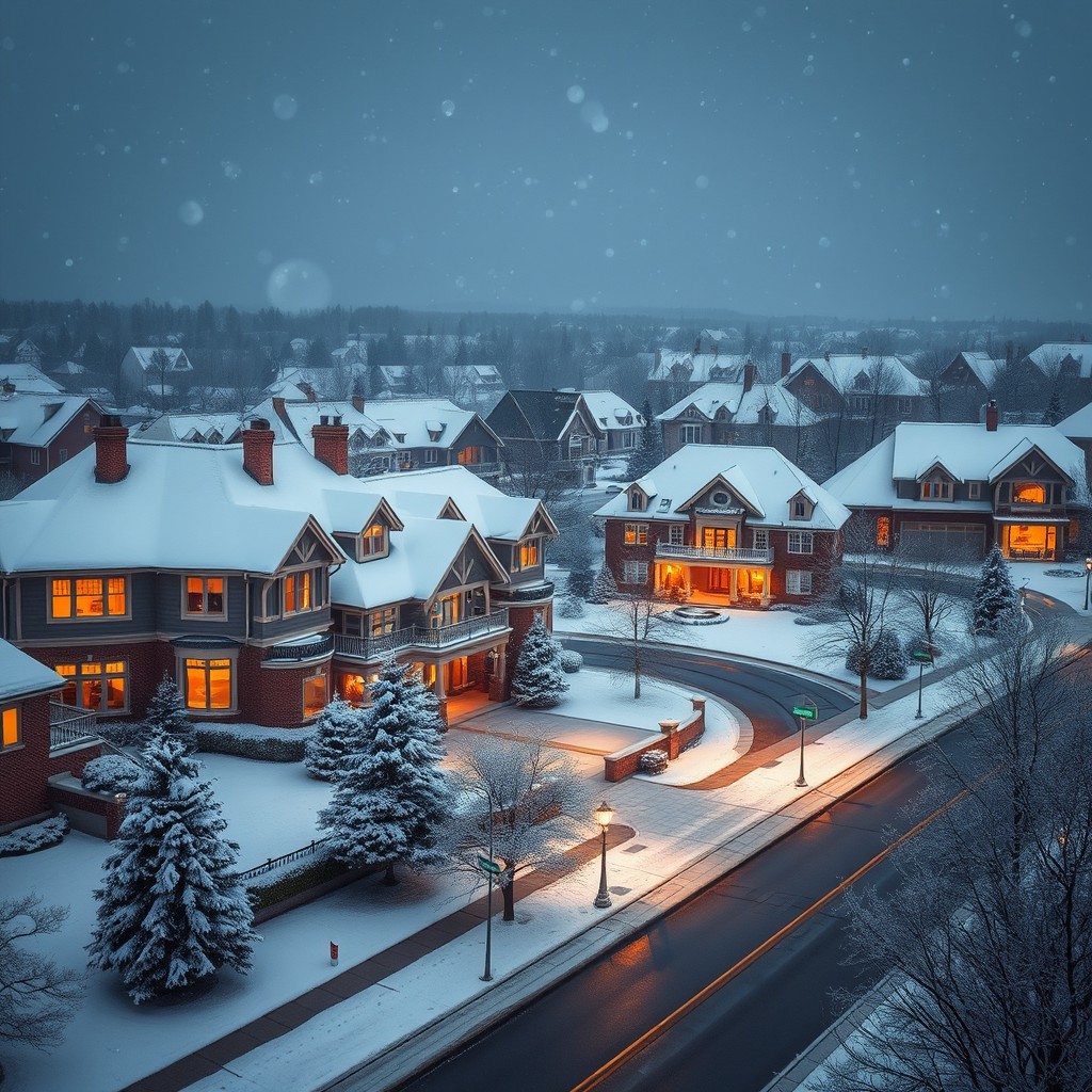 A picturesque winter scene of a high-income suburbia, showcasing large, elegant homes with snow blanketing their roofs