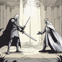 A 2D comic scene depicting a dramatic confrontation. A lone hand grasps a sword in opposition to an evil king