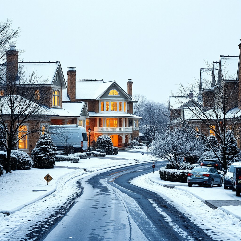 A charming winter scene of high-income suburbia from a street-level view, showcasing large, elegant homes with snow-covered roofs