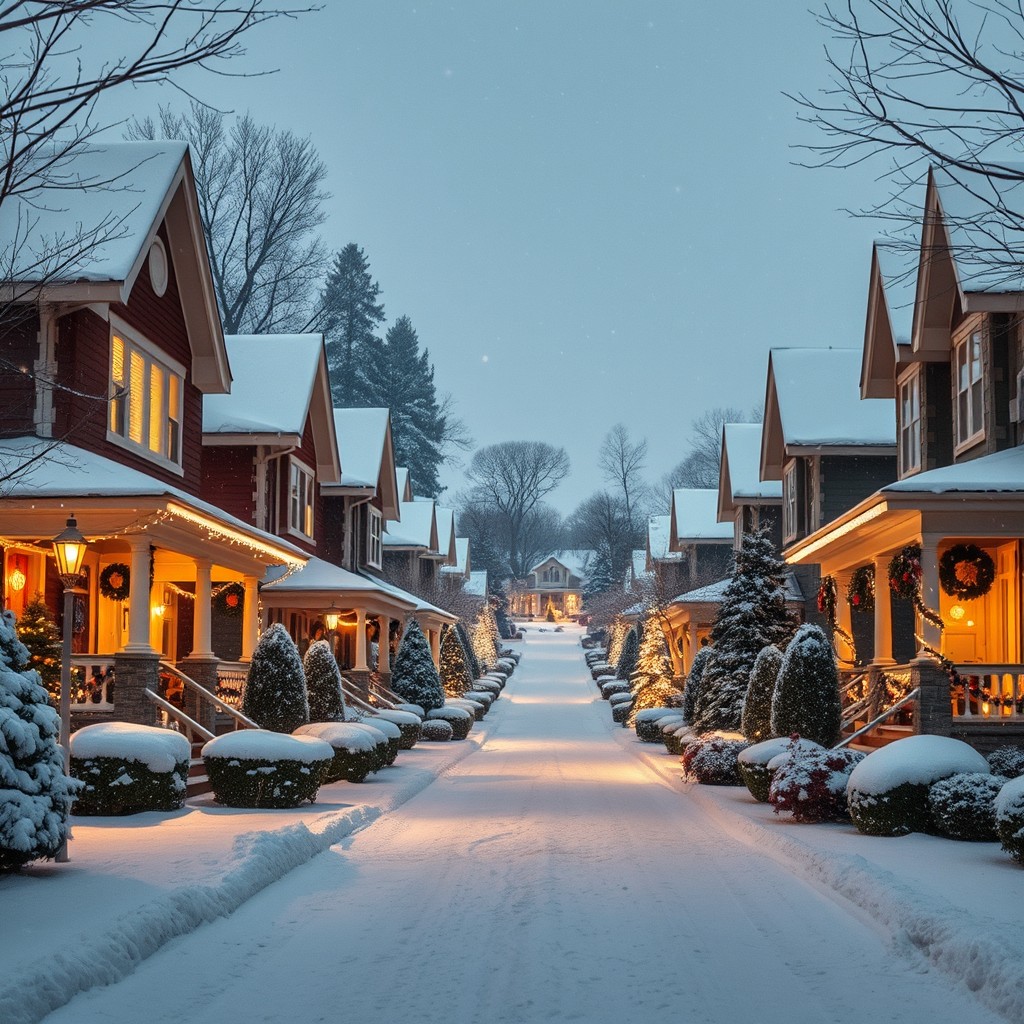 A whimsical winter scene of high-income suburbia from a street-level view, capturing large, charming homes with snow gracefully blanketing their roofs