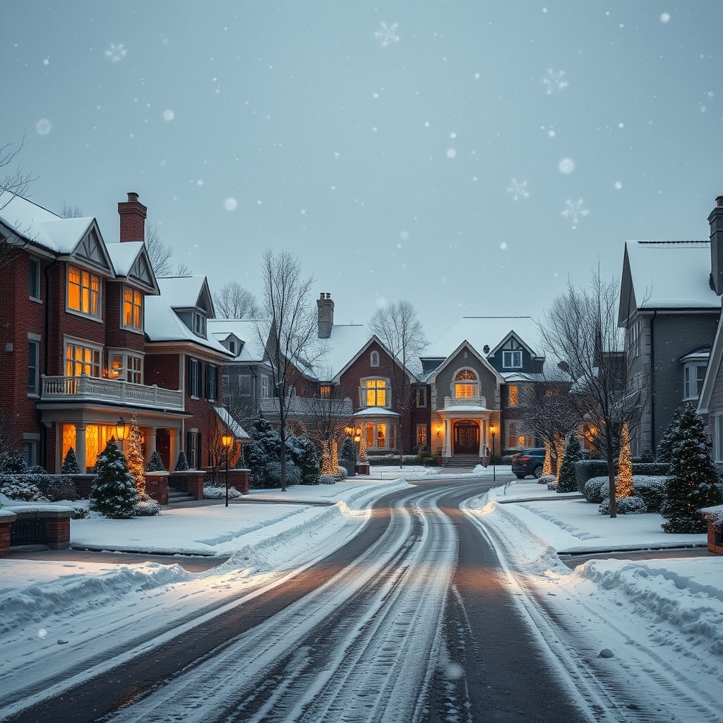 A heartwarming winter scene of high-income suburbia from a street-level view, featuring large, elegant homes spaced generously apart, each adorned with a pristine layer of snow on their rooftops