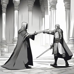 A 2D comic scene depicting a dramatic confrontation. A lone hand grasps a sword in opposition to an evil king