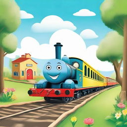 A captivating picture amidst a background of a playful train, with an area ready to write a child's name and a blank space to write the subject, ideally designed for a school book.