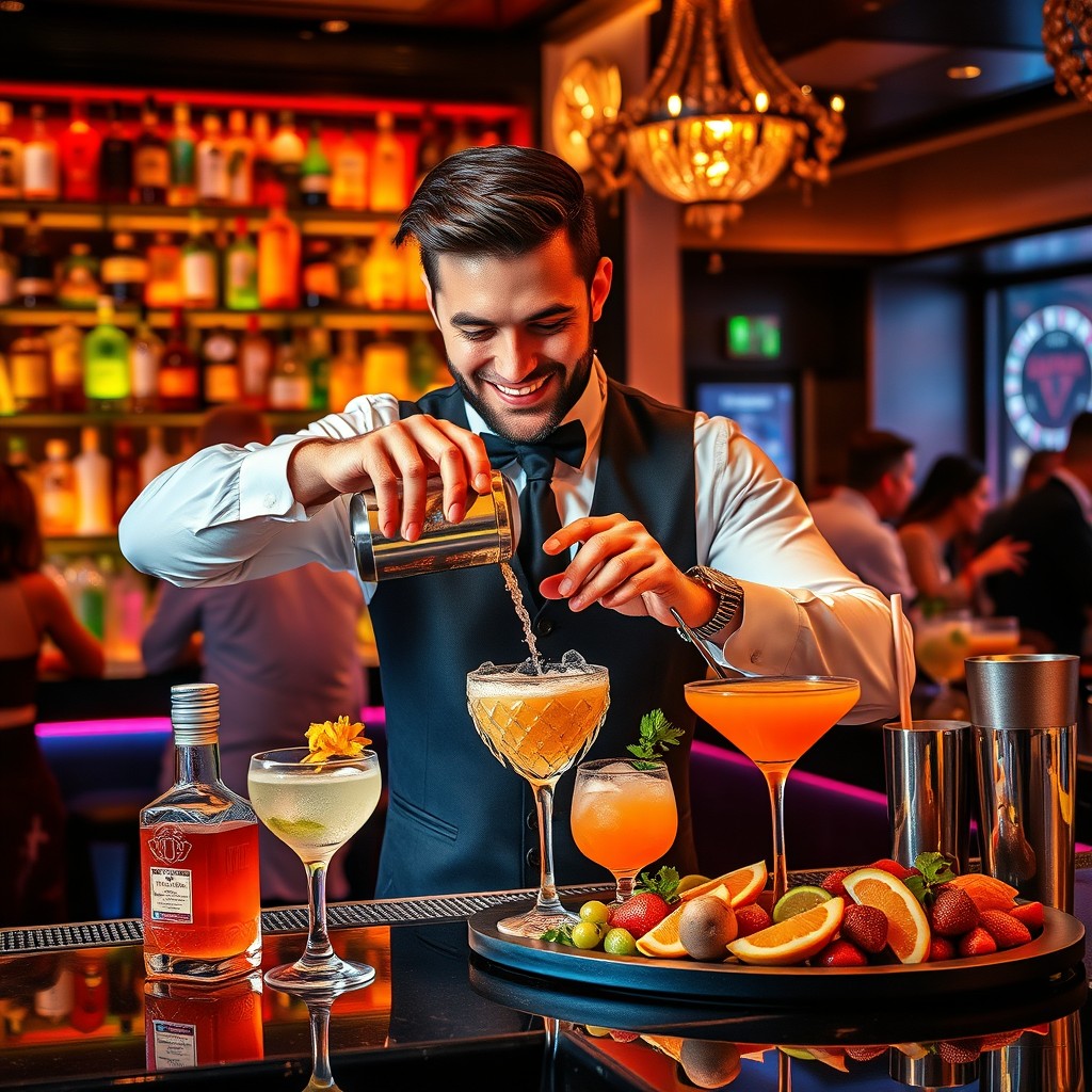 A skilled barman mixing an elaborate cocktail at a vibrant, upscale bar