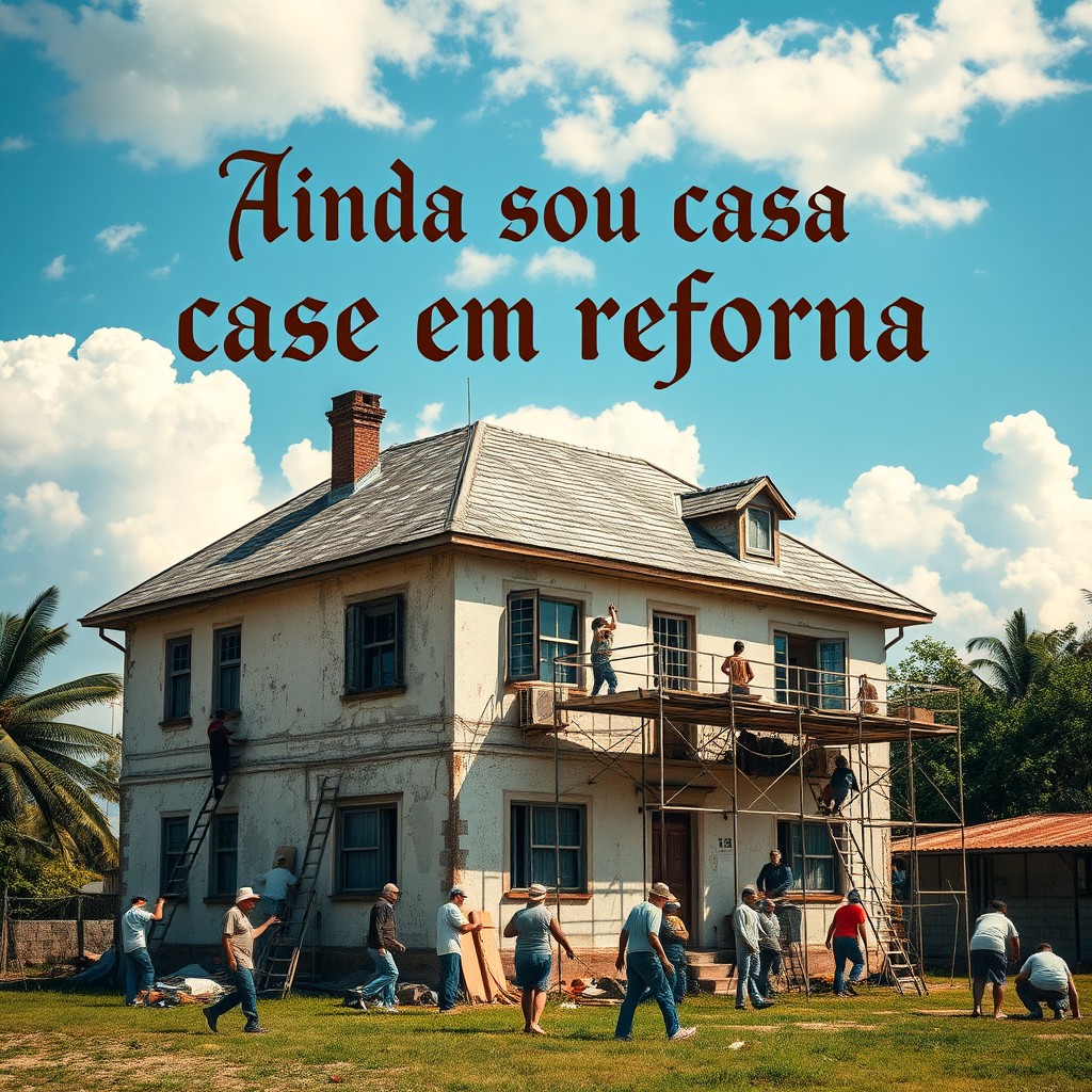 A large, old house under renovation, showcasing a diverse group of workers actively engaged in various tasks such as painting, hammering, and carrying materials