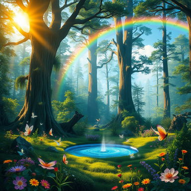 A mystical forest scene with vibrant greenery and tall, ancient trees bathed in warm sunlight