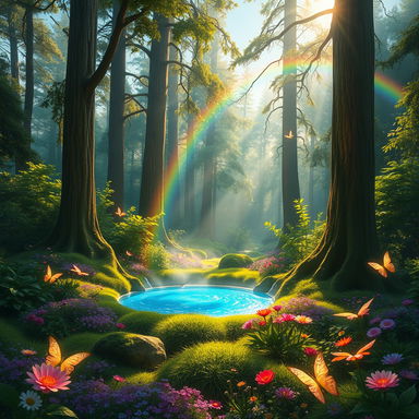 A mystical forest scene with vibrant greenery and tall, ancient trees bathed in warm sunlight