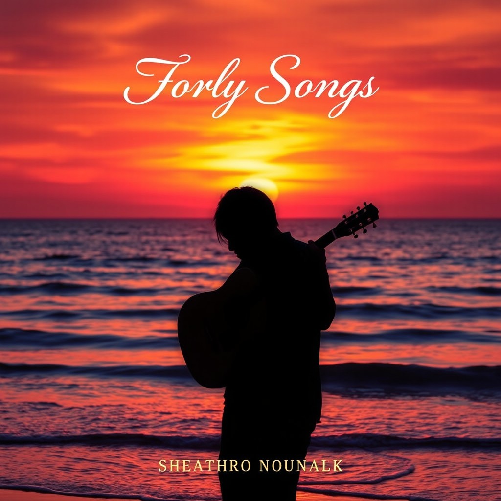 A captivating album cover for a music track featuring a stunning sunset over a calm ocean, with gentle waves lapping at the shore
