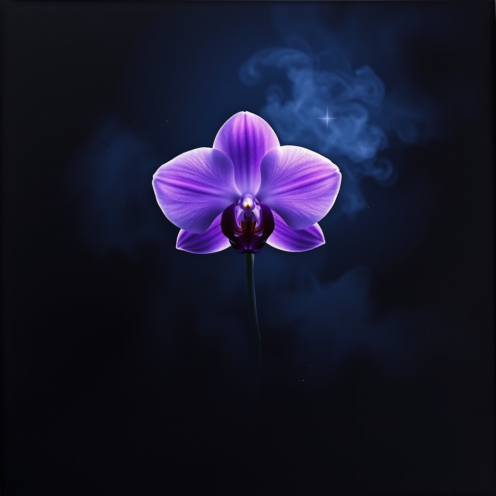 A captivating album cover featuring a single flower brilliantly illuminated in the midst of overwhelming darkness, creating a striking visual contrast