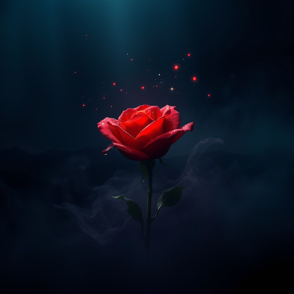 An incredibly creative album cover depicting a mesmerizing scene where a vibrant flower emerges from an expansive darkness