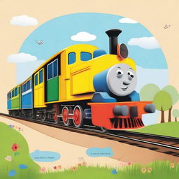 A captivating picture amidst a background of a playful train, with an area ready to write a child's name and a blank space to write the subject, ideally designed for a school book.