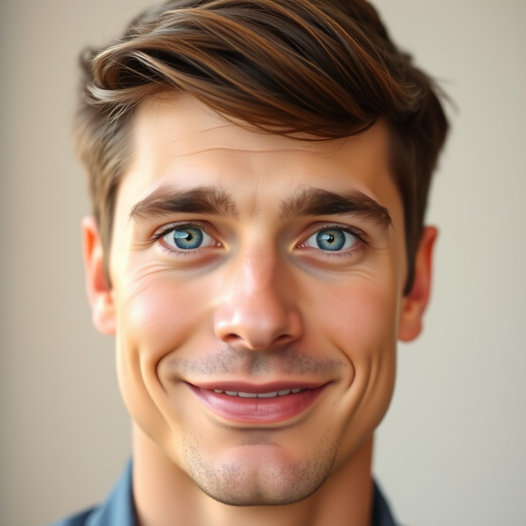 A portrait of an attractive man with large blue eyes that sparkle with charm, a straight nose that gives him a classy appearance, and a full pink mouth that adds warmth to his smile