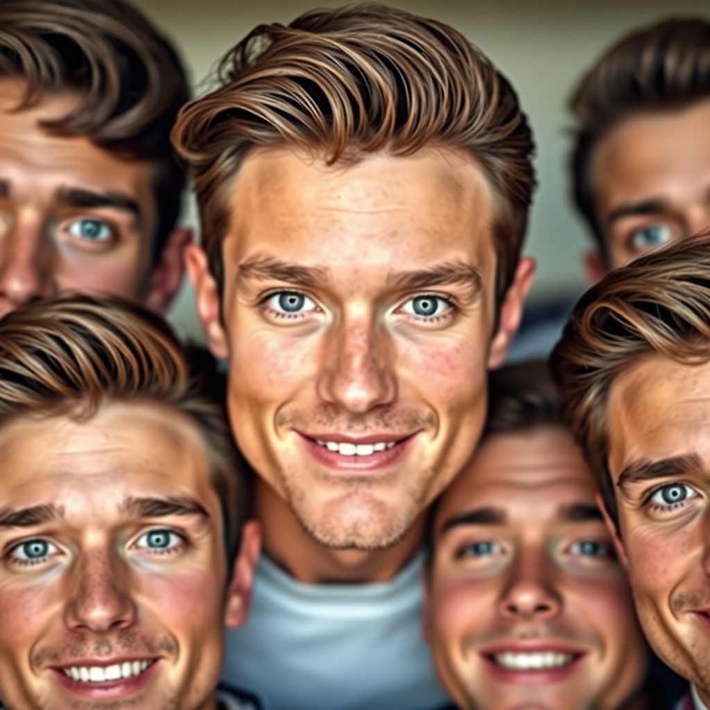 A portrait of a group of attractive men, each featuring large blue eyes that gleam with charisma, straight noses contributing to their sharp profiles, and full pink mouths that convey a sense of friendliness