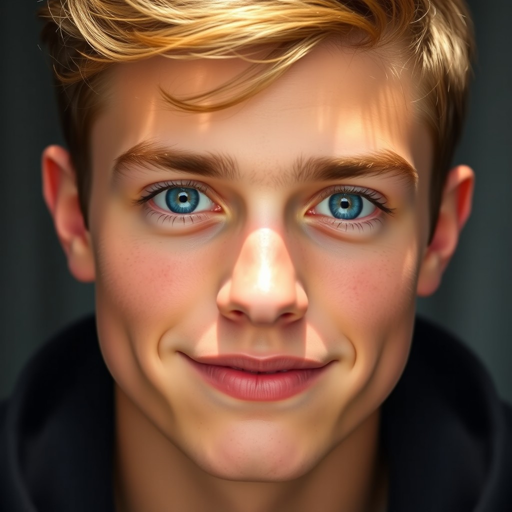 A portrait of a young man, around 21 years old, featuring large blue eyes that radiate warmth and charm, a straight French nose that adds elegance to his profile, and a full pink mouth that enhances his friendly demeanor