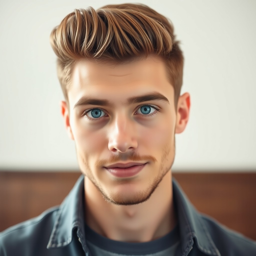 A portrait of a young man, around 21 years old, showcasing large blue eyes that shine with confidence, a straight French nose that enhances his elegant profile, and a full pink mouth that suggests friendliness