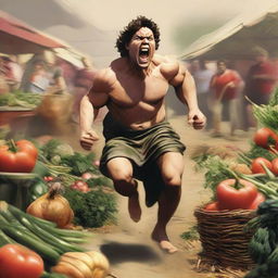 A demigod in a rage at a vegetable market, with people running away in fear.