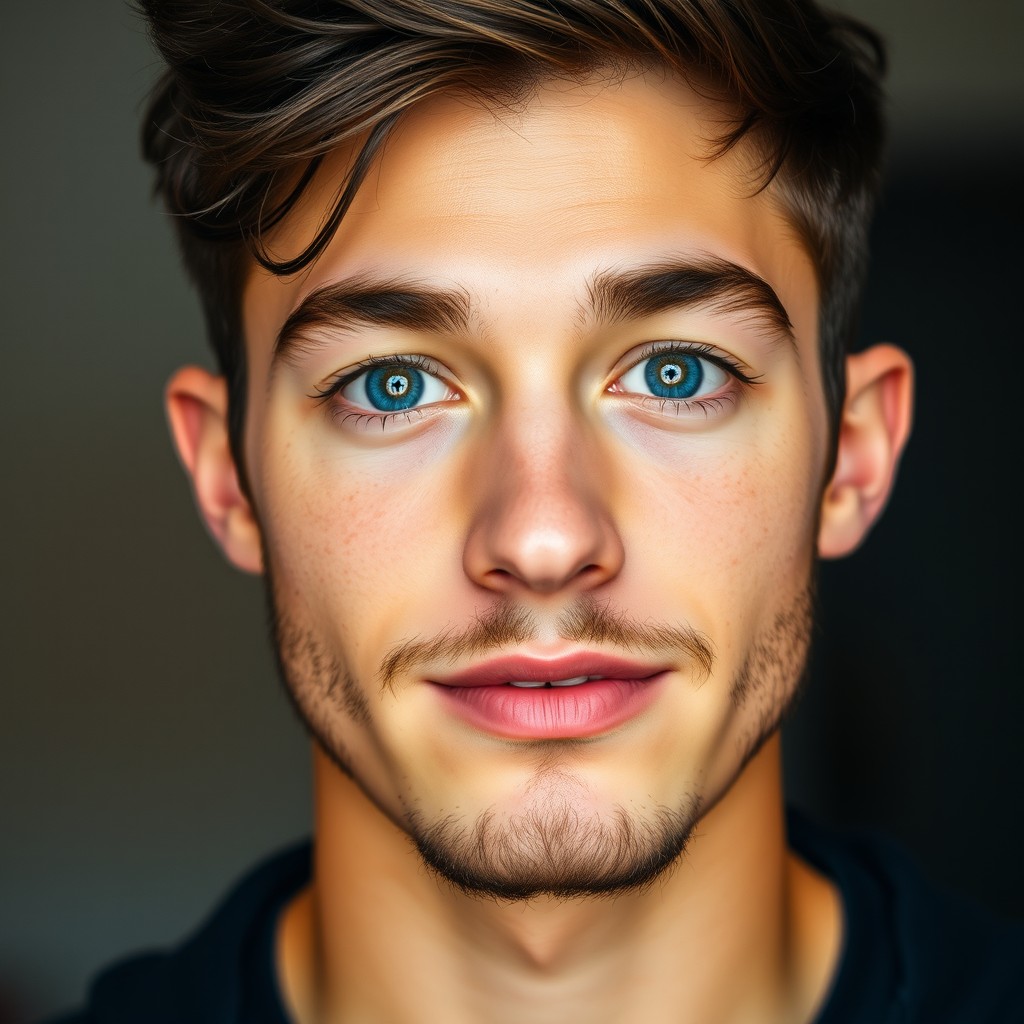 A portrait of a young man, around 21 years old, featuring large blue eyes that sparkle with life, a straight French nose adding to his refined features, and a full pink mouth that enhances his approachable demeanor