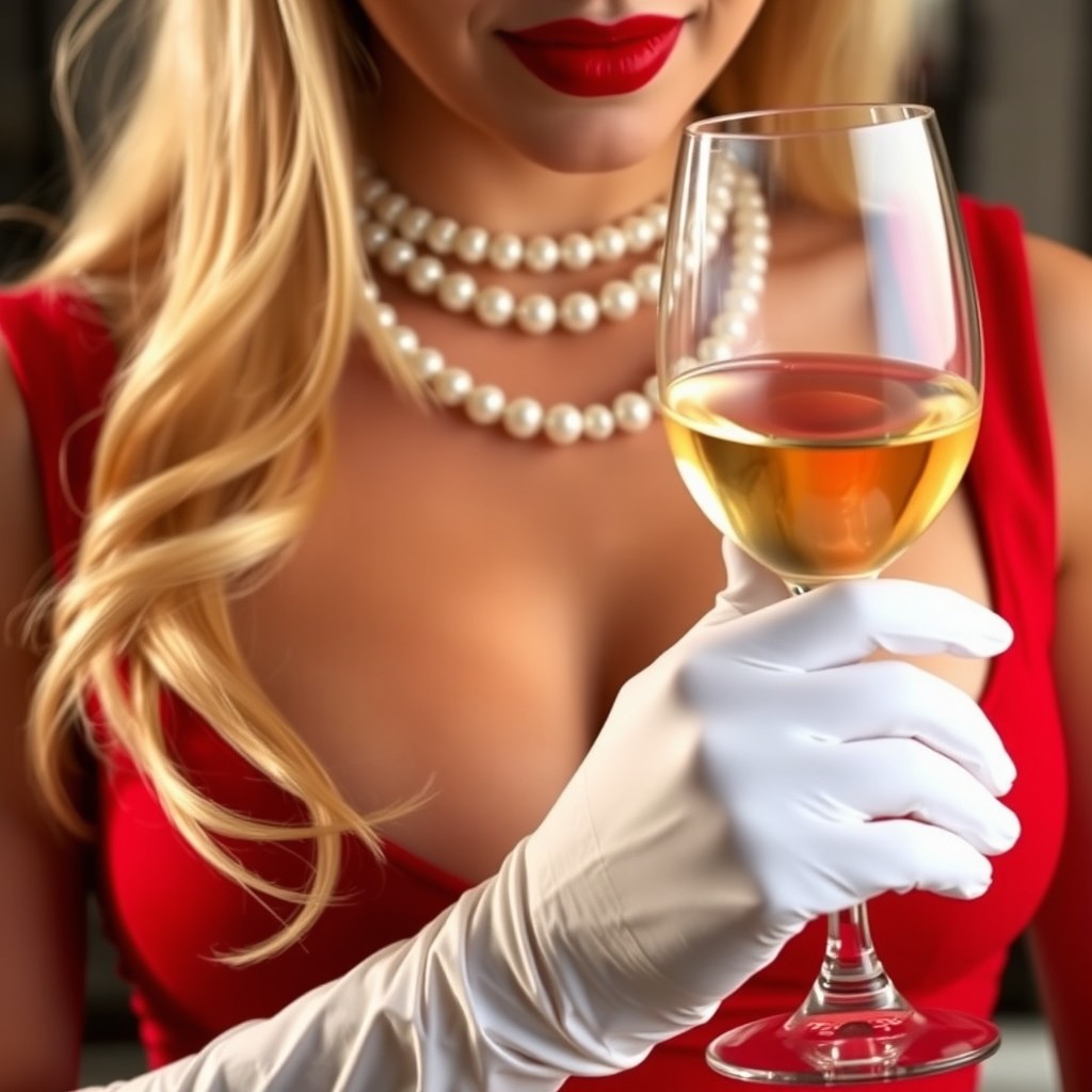 A close-up shot of a woman's mouth down to her chest, featuring bright red lipstick, wearing a low-cut red dress