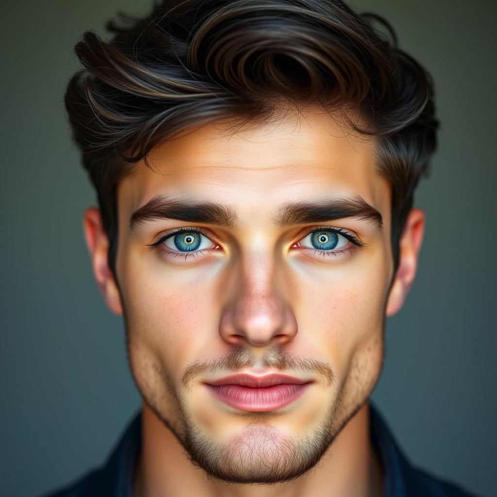 A portrait of a young man, around 21 years old, showcasing large blue eyes that sparkle with charisma, a straight French nose that enhances his refined look, and full pink lips that convey a sense of warmth