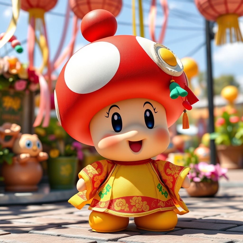 Toad from Mario Bros dressed up as a charming purata, complete with a vibrant, colorful purata costume featuring red, yellow, and green colors, adorned with intricate patterns and traditional accessories