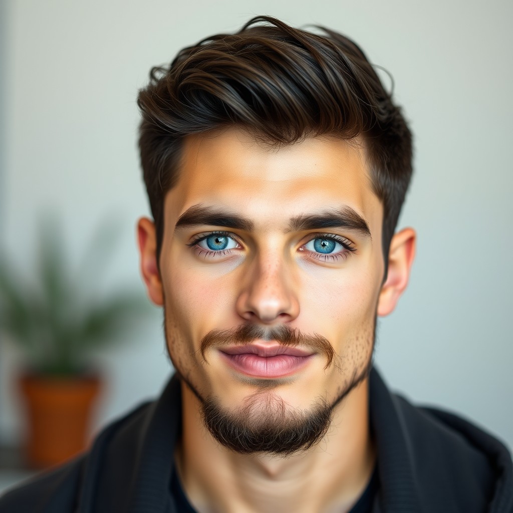 A portrait of a young man, around 21 years old, featuring strikingly large blue eyes that captivate with their depth, a straight French nose that adds sophistication to his look, and full pink lips conveying warmth and charisma