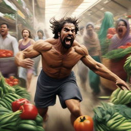 A demigod in a rage at a vegetable market, with people running away in fear.