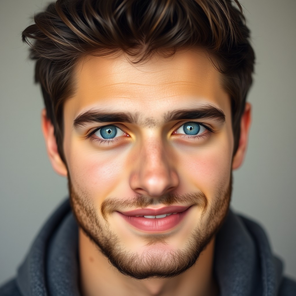 A portrait of a young man, around 21 years old, with large, captivating blue eyes that draw attention, a straight French nose that contributes to his striking features, and full, pink lips that complete his charming smile