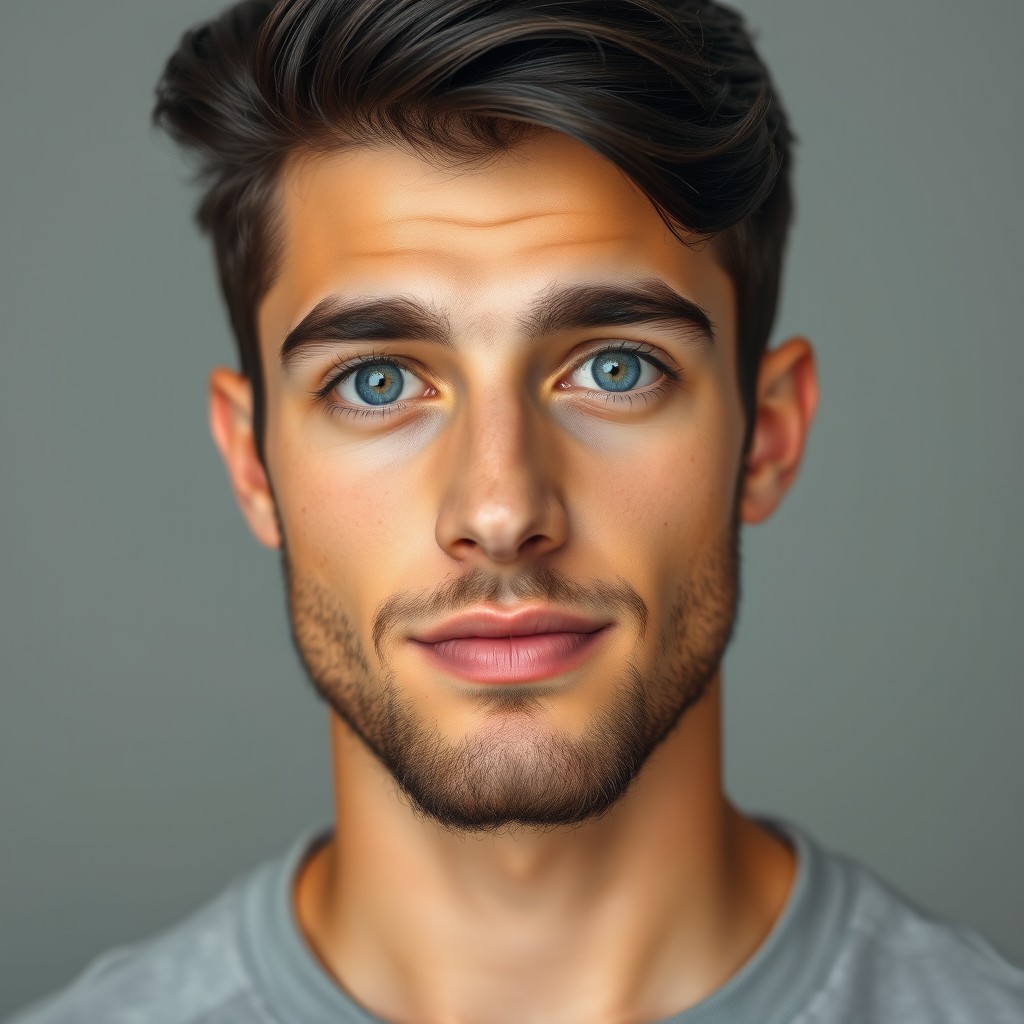 A portrait of a young man, approximately 21 years old, possessing large, alluring blue eyes that capture attention, complemented by a straight French nose that defines his handsome features