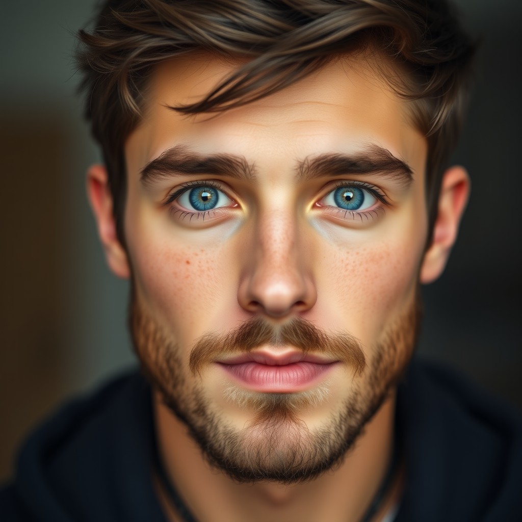 A portrait of a young man, approximately 21 years old, showcasing large, captivating blue eyes that convey a sense of charm, along with a straight French nose that defines his striking features