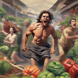 A demigod in a rage at a vegetable market, with people running away in fear.