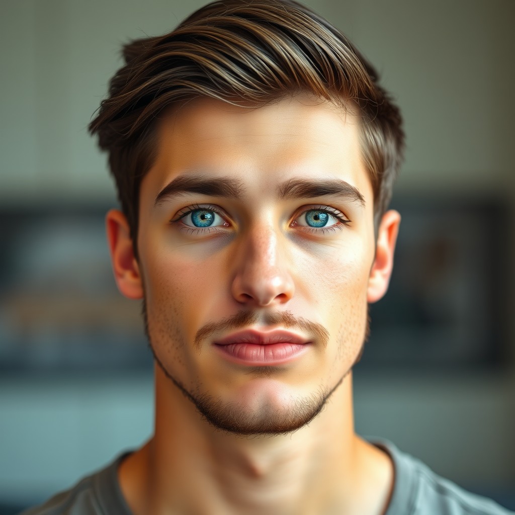 A portrait of a young man, approximately 21 years old, distinguished by his large, striking blue eyes that capture attention