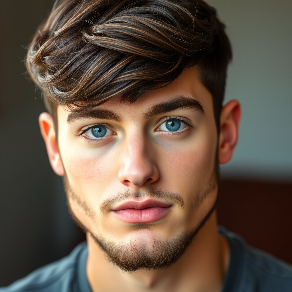 A portrait of a young man, approximately 21 years old, with striking large blue eyes that draw in the viewer, accentuated by a straight French nose that highlights his handsome features