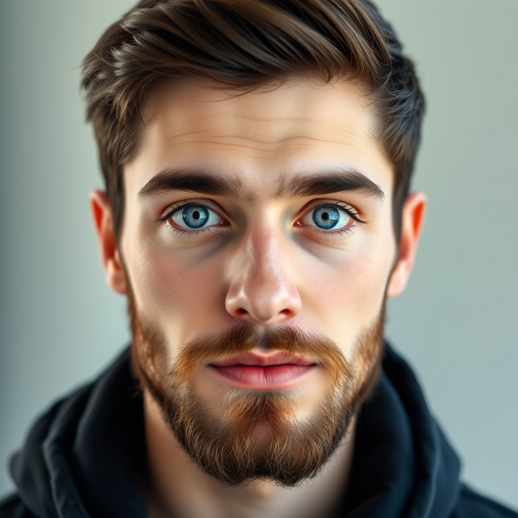 A portrait of a young man, approximately 21 years old, featuring large, captivating blue eyes that draw attention