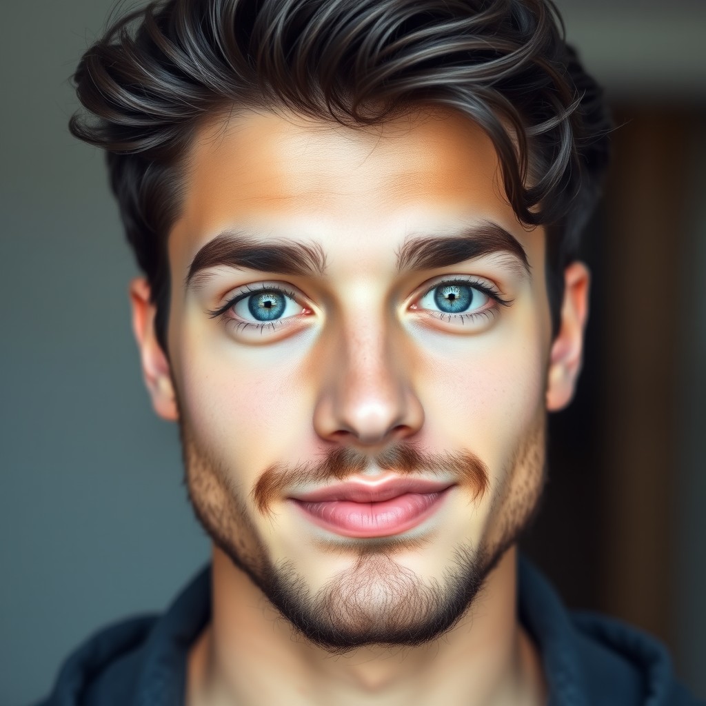 A portrait of a young man, about 21 years old, featuring large, captivating blue eyes that draw the viewer in