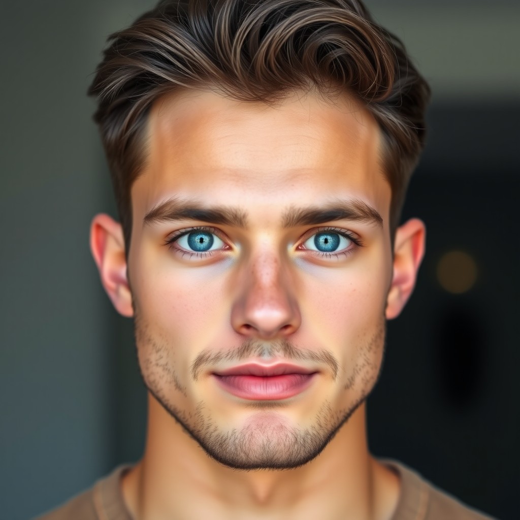 A portrait of a young man, approximately 21 years old, showcasing large, captivating blue eyes that capture attention