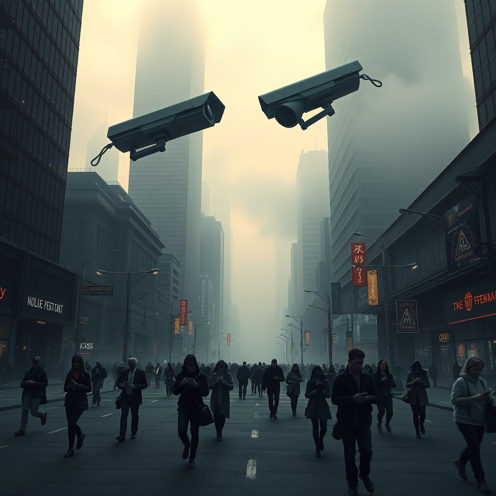 A dystopian cityscape with an eerie atmosphere, depicting towering skyscrapers shrouded in fog, and large surveillance cameras installed on every corner, capturing the essence of a world where privacy is a thing of the past