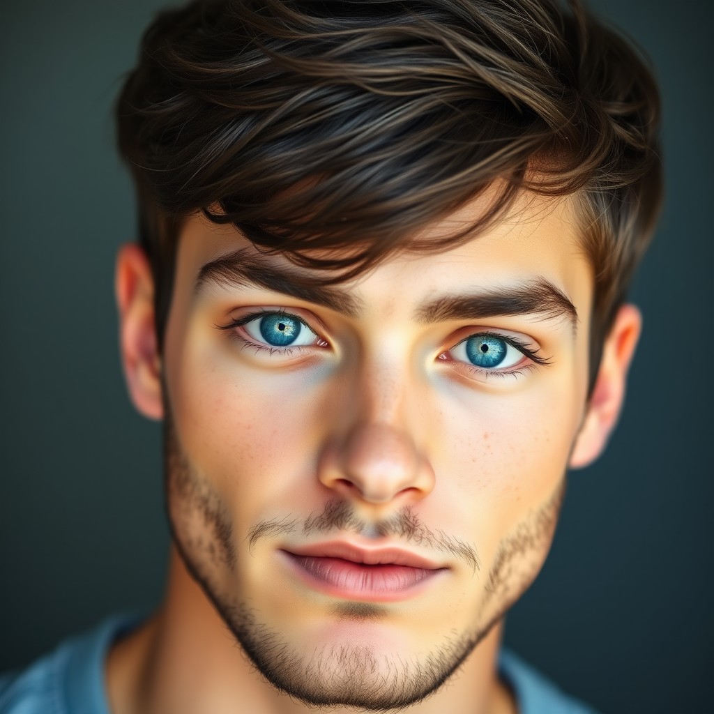 A portrait of a young man, around 21 years old, featuring large, striking blue eyes that captivate the viewer
