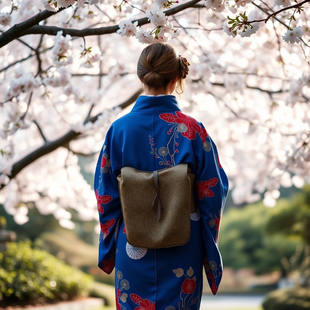 A serene scene of a person wearing a beautiful blue kimono, standing gracefully