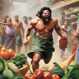 A demigod in a rage at a vegetable market, with people running away in fear.