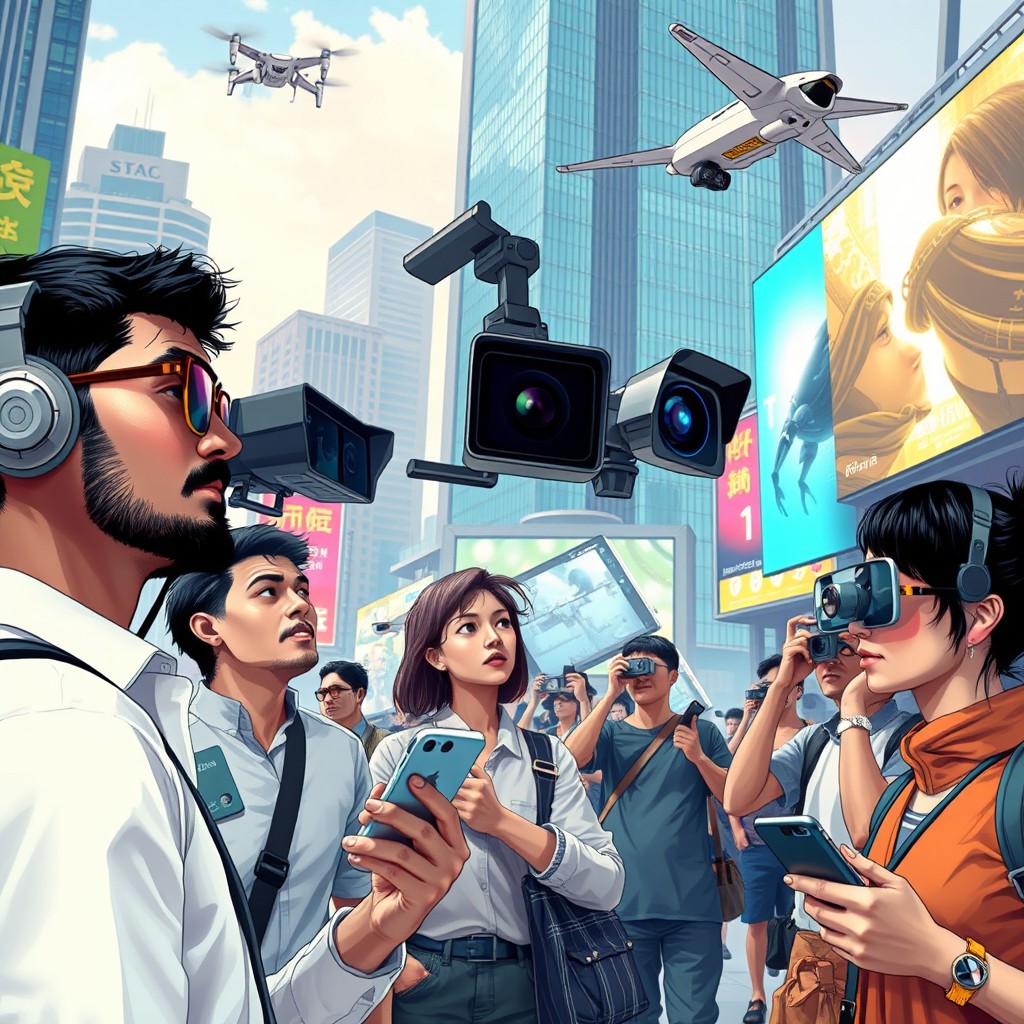 A futuristic urban scene featuring various people engaged in their daily activities, with an emphasis on surveillance technology