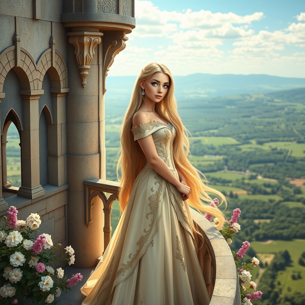 A stunning princess with long, flowing hair and captivating blue eyes, elegantly standing on the balcony of a castle tower