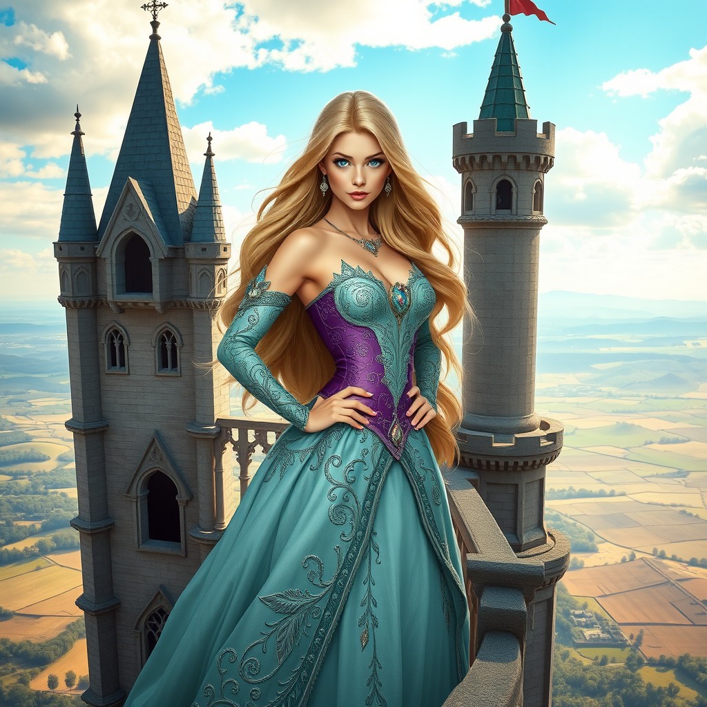 A stunning and powerful princess with long, flowing hair and captivating blue eyes, confidently standing on the balcony of a majestic castle tower