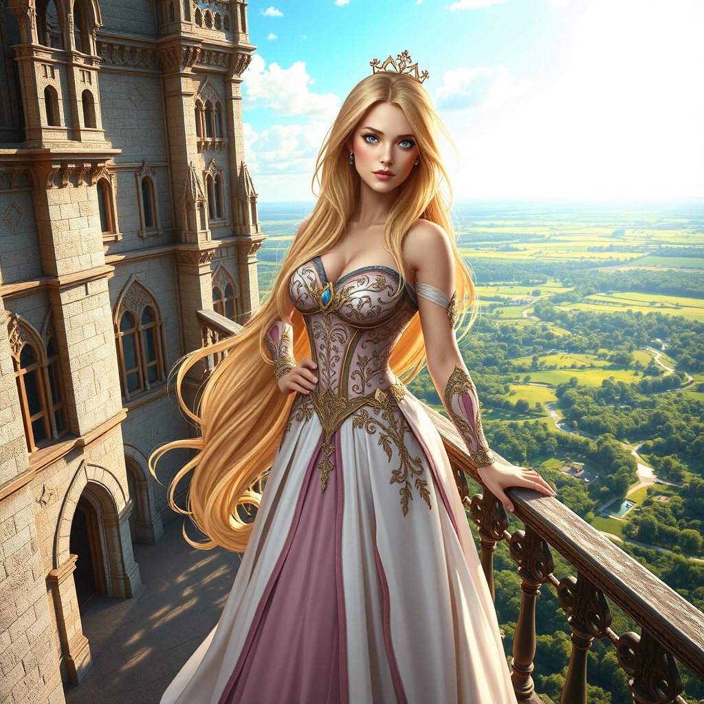 A beautiful and powerful princess with long, flowing hair and striking blue eyes, confidently standing on the balcony of a grand castle tower