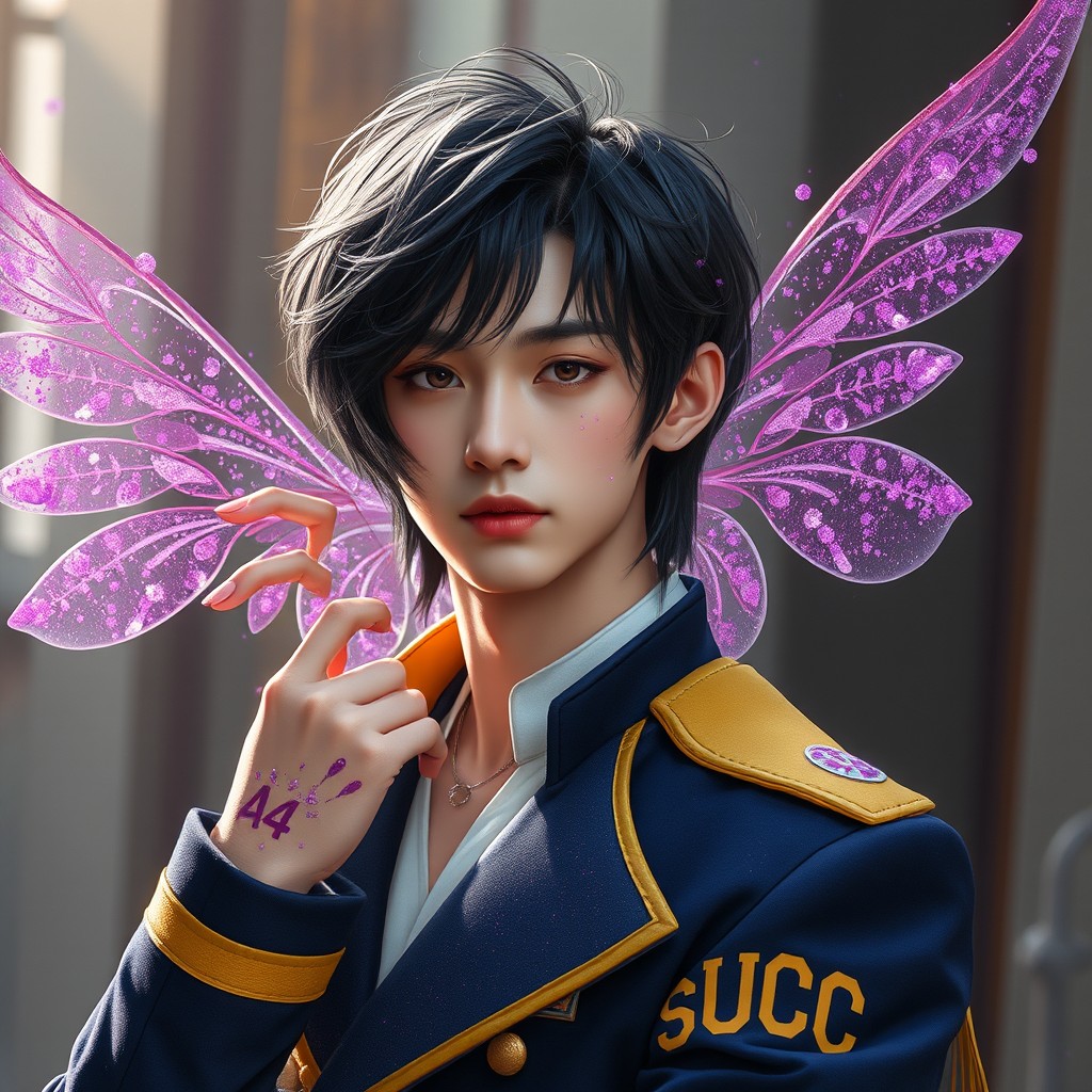 A very pretty and majestic man, a crystal fairy with purple glitter dust on his cheekbones and wrists, enhancing his beauty