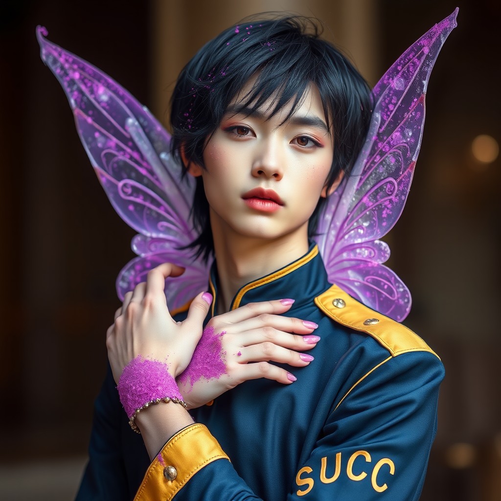 A very pretty and majestic man, a crystal fairy adorned with purple glitter dust on his cheekbones and wrists, enhancing his beauty