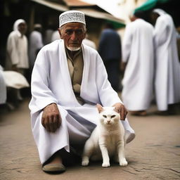 An elderly Hajj pilgrim transforming into a cat in a market.