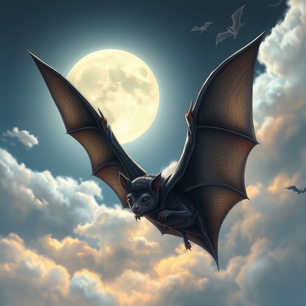 A stunning and detailed illustration of a bat in flight, showcasing its intricate wing structure with a backdrop of a moonlit sky filled with soft, glowing clouds