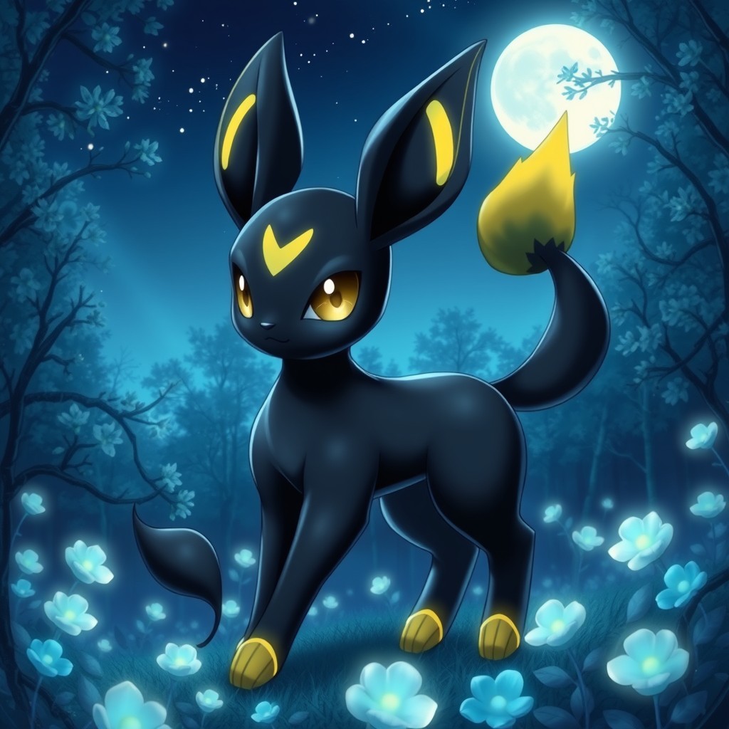 A highly detailed and realistic depiction of an Umbreon, a black and blue Pokémon with glowing yellow rings on its ears, tail, and legs