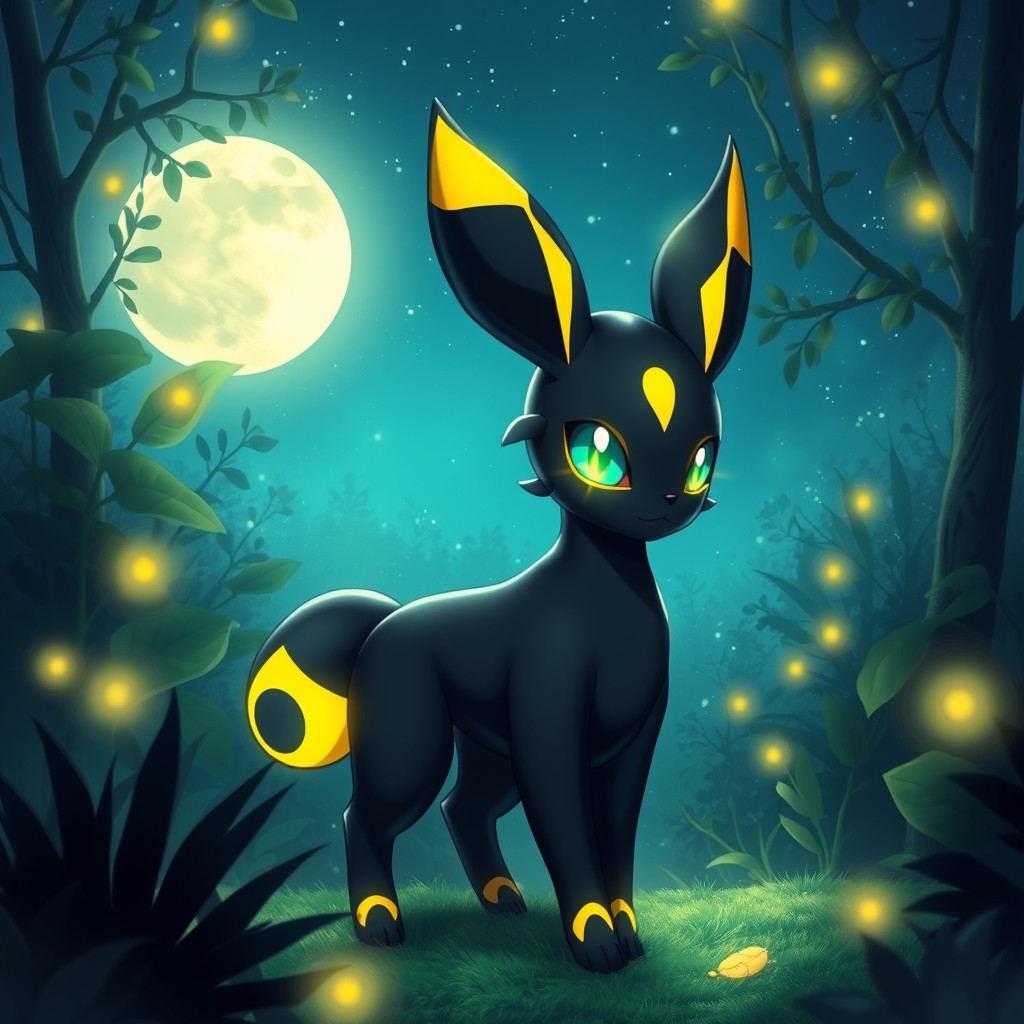 A captivating portrayal of Umbreon, a sleek black and blue Pokémon known for its mysterious aura